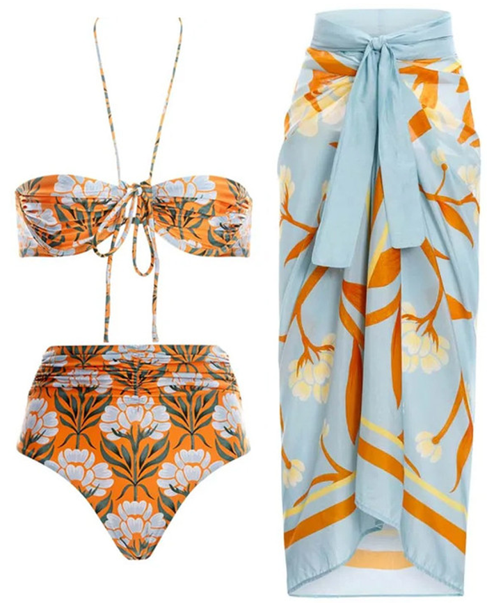 Pieces Halter Strap Bikini Pleated Ring Swimsuit With Cover Up