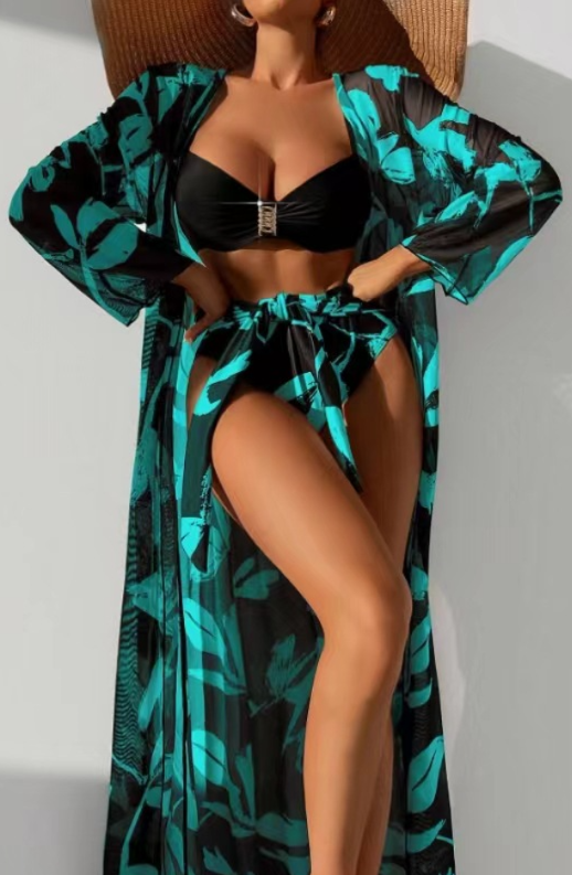 All over Plants Print Push Up Bikini Set With Kimono Aqua Blue