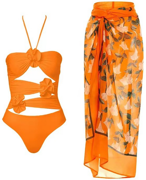 Flower Halter Ruffles One Piece With Bathing Suit Wrap Skirt Orange