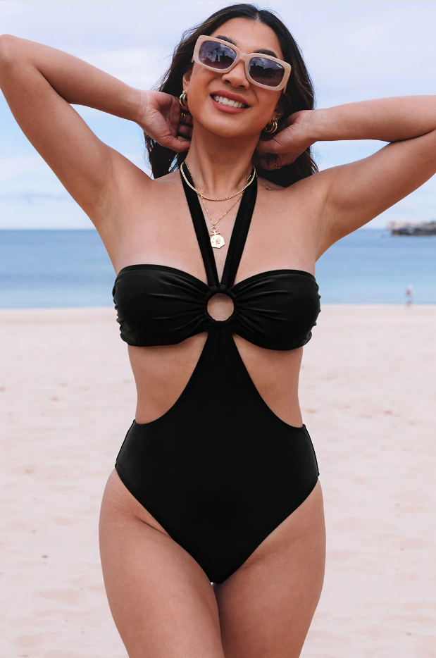 Black Halter O ring Ruched Bust One Piece Swimsuit The Curvves