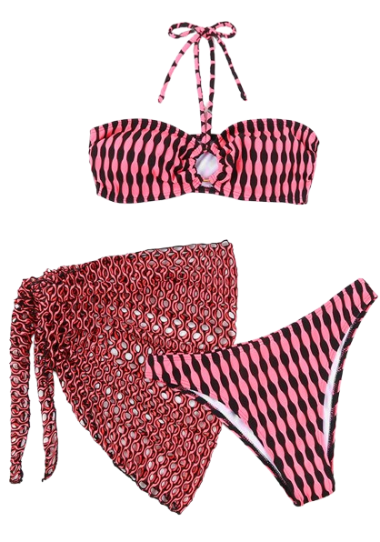 Random Print Fashionable 3 Piece Swim Suits Pink