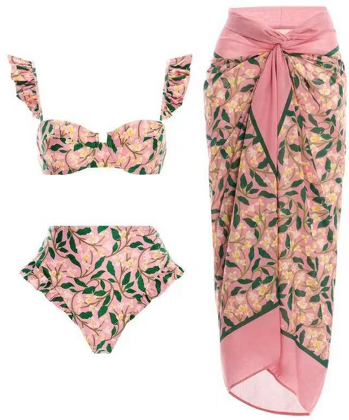 Ruffled Floral Print Underwire High Wasit Bikini Pink