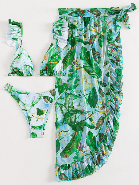 Floral Shoulder Strap Three Piece Swimsuit Green