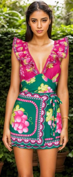 Ruffled Ruched Floral Print Shoulder Straps One Piece Swimsuit with Skirt Multicolor