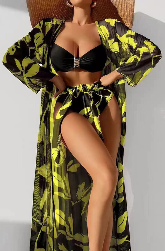 All over Plants Print Push Up Bikini Set With Kimono Yellow – The