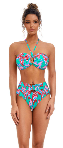 Wavy Print Halter Neck Three Piece Swimsuit Sky Blue