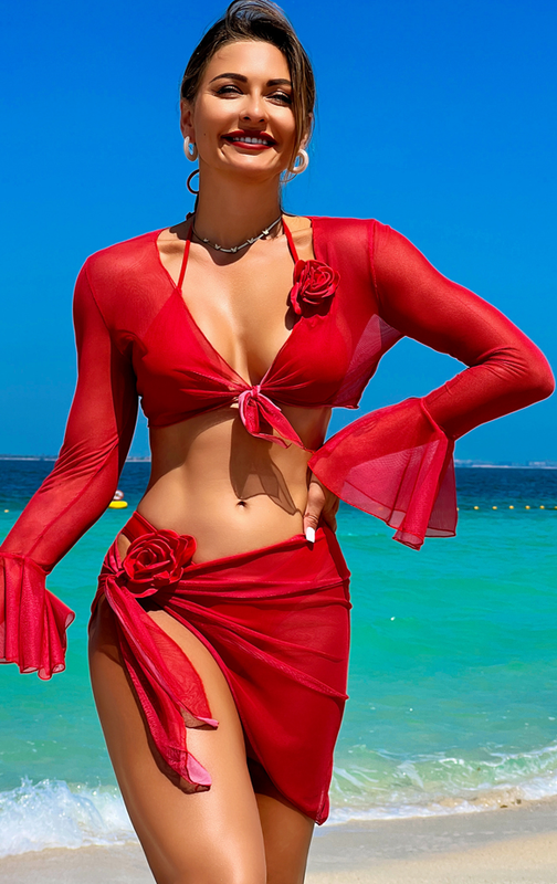 Mesh Four Piece Bikini Set Flare Long Sleeve Cover Up with Skirt Red