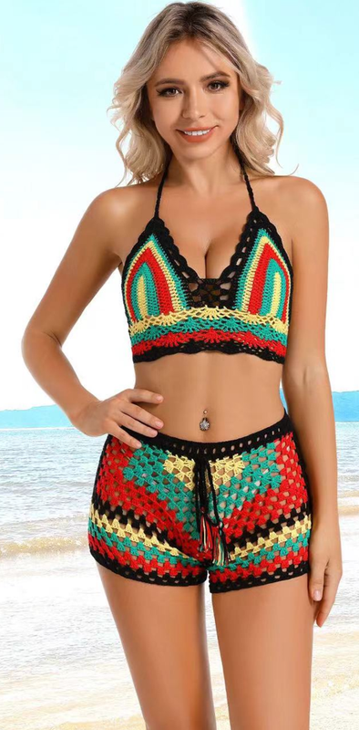 Halter Neck Strap High Waist Boxer Knitted Bikini Set Black – The