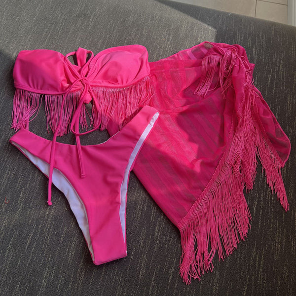 Pink Solid Halter Bikini Set With Beach Skirt