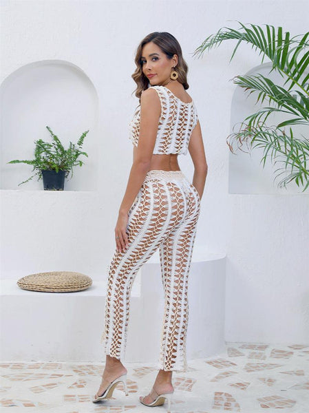 Crochet White Solid Top With Beach Pants