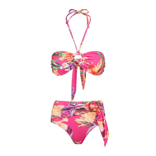 Pink Tropical Halter Bikini Set With Kimono Coverup
