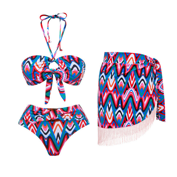 Wavy Print Halter Neck Three Piece Swimsuit Multicolor