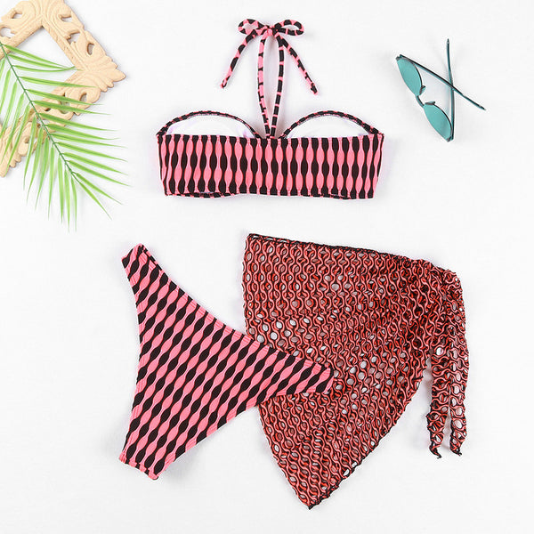 Random Print Fashionable 3 Piece Swim Suits Pink