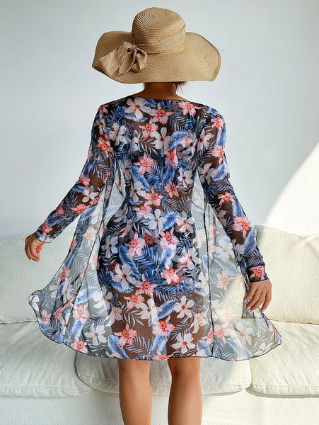 Tropical Floral Print Stretchy 3 Piece Set Bikini With Long Sleeve Kimono Black