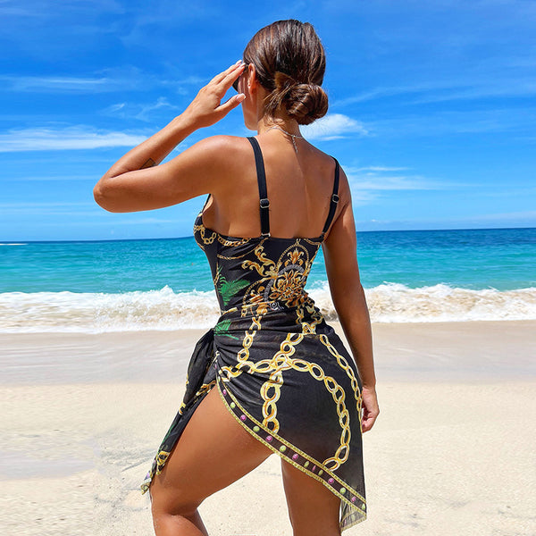 Plus Chain Print Push Up One Piece Swimsuit With Beach Skirt Black