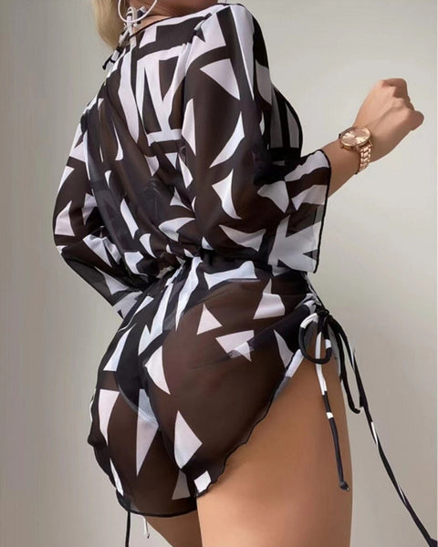 Leaf-print Waist Lace-up Three-Piece Bikini Set Long-sleeved Swimsuit Black