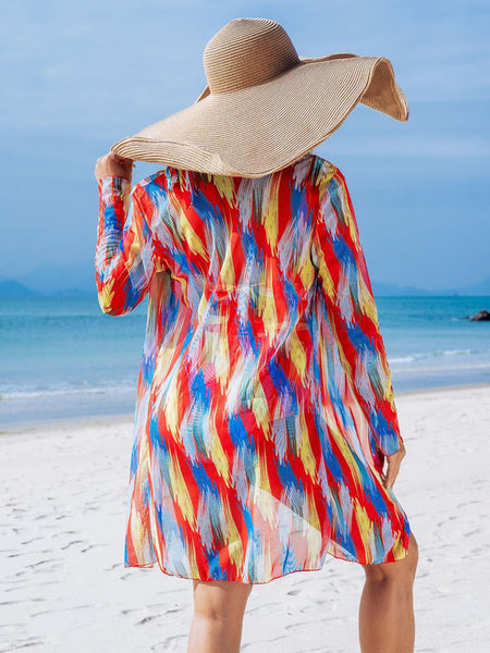 Random Print Bikini Top and High Waist Bottom With Cover UP Red