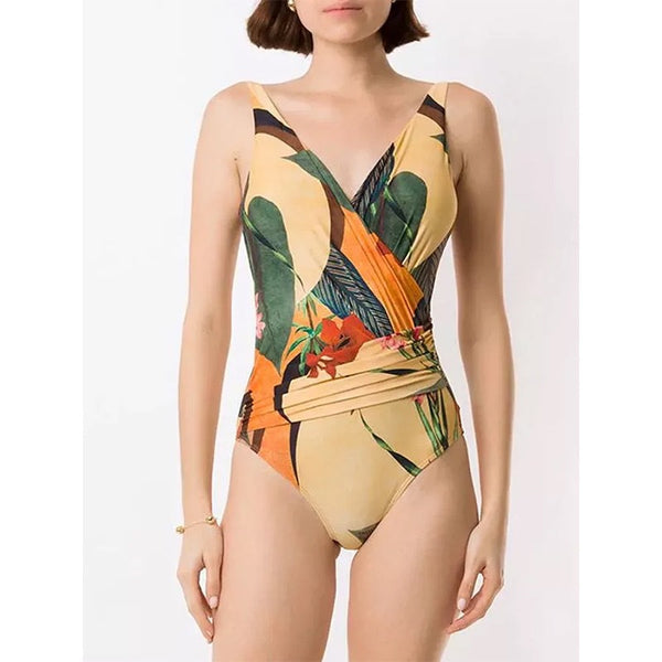 Printed Swimsuit & Beach Cover Up Sarong Set Green