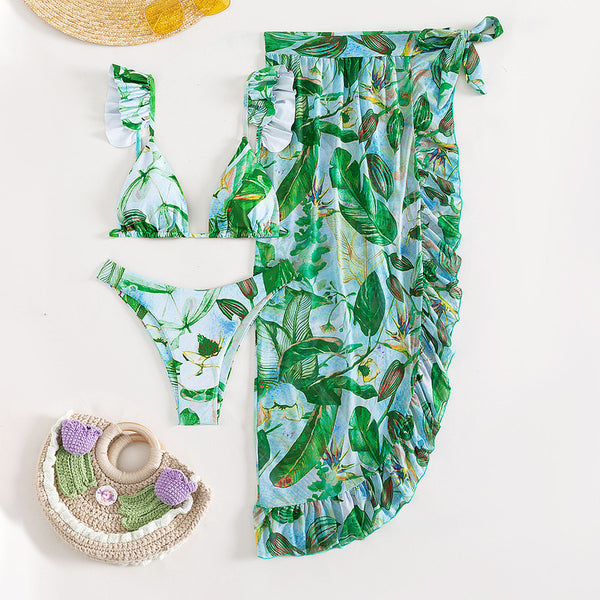 Floral Shoulder Strap Three Piece Swimsuit Green