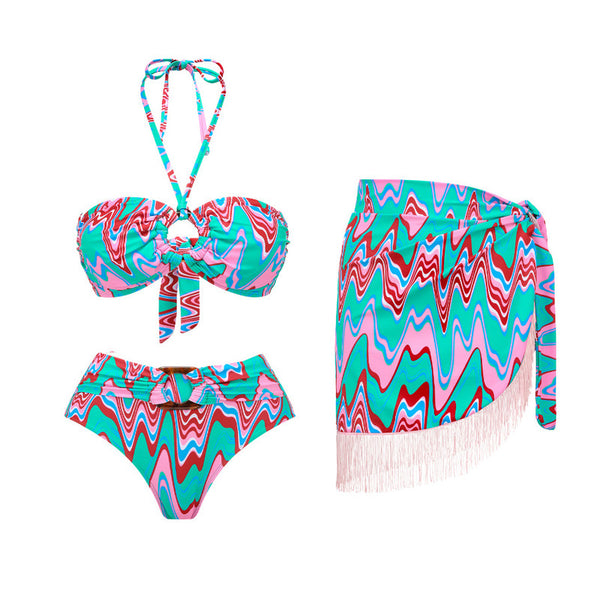 Wavy Print Halter Neck Three Piece Swimsuit Sky Blue