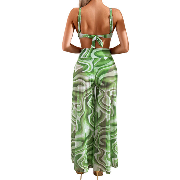Unique Printed Bikini  Loose Trousers High Waist Three-Piece Set Green