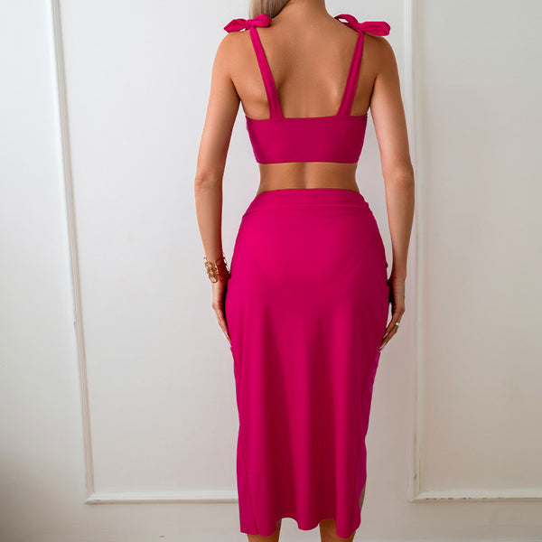 Ruched Tied Three-Piece Bikini Set Dark Pink