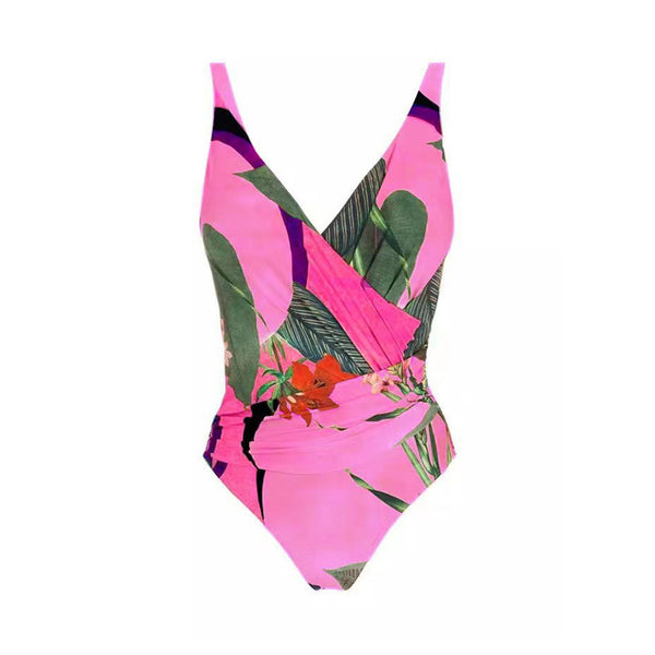 Printed Swimsuit & Beach Cover Up Sarong Set Dark Pink
