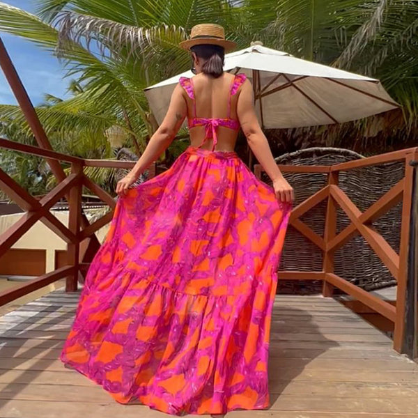 Shoulder Strap Multicolored Fuchsia Three Piece Swimsuit Dark Pink