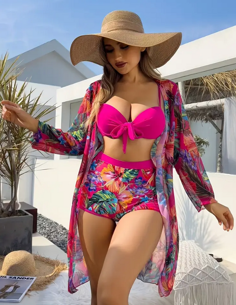 Tropical Print Underwire Bikini Swimsuit With Kimono Pink