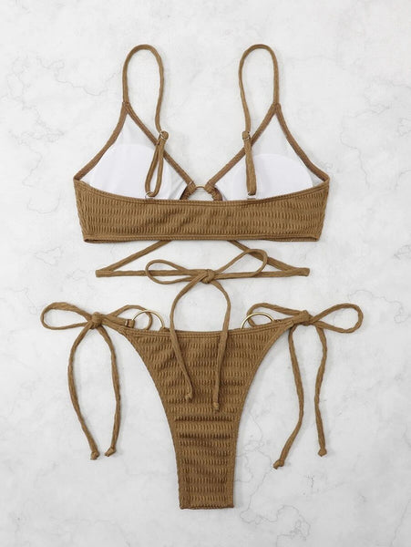 Solid V Neck Spaghetti Straps Ring-Linked Tie Side High Cut Two Pieces Swimsuit Light Brown