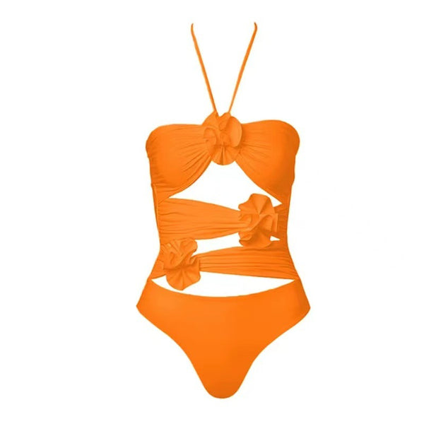 Flower Halter Ruffles One Piece With Bathing Suit Wrap Skirt Orange