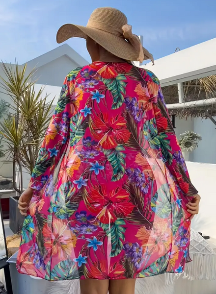 Tropical Print Underwire Bikini Swimsuit With Kimono Pink