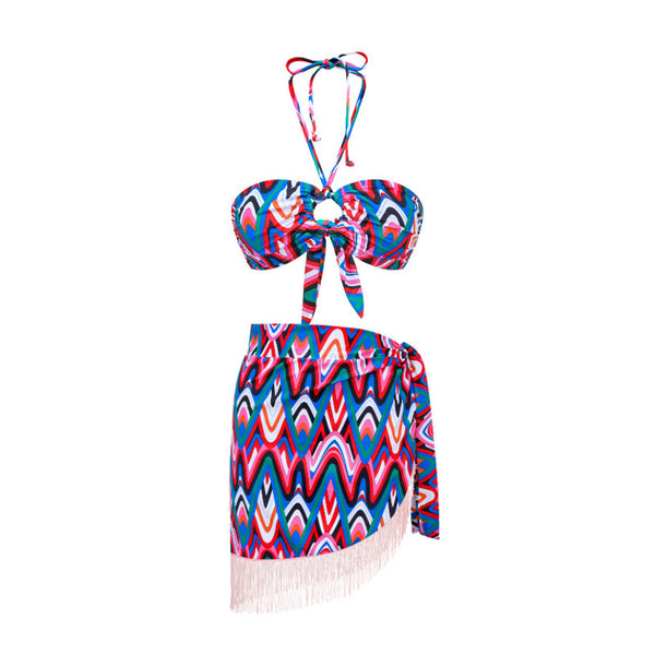 Wavy Print Halter Neck Three Piece Swimsuit Multicolor