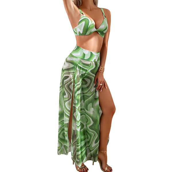 Unique Printed Bikini  Loose Trousers High Waist Three-Piece Set Green