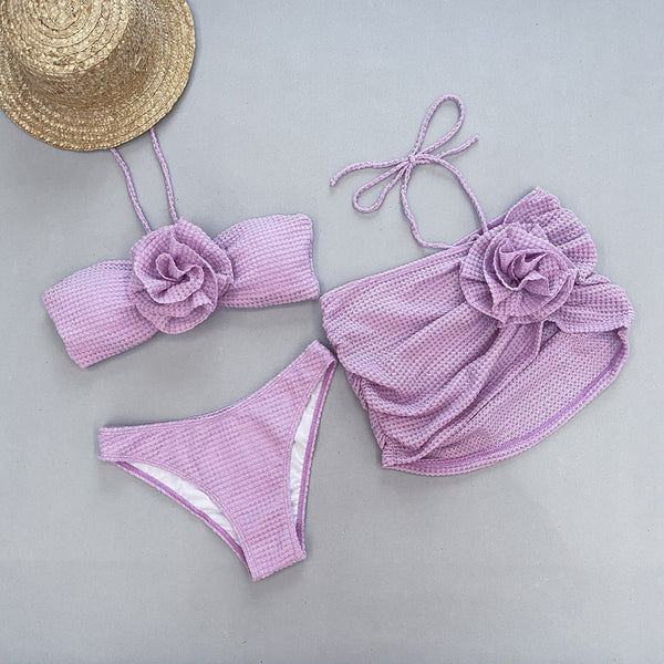 Hollow Three Dimensional Flower Suspender Three Piece Bikini Set Light Purple