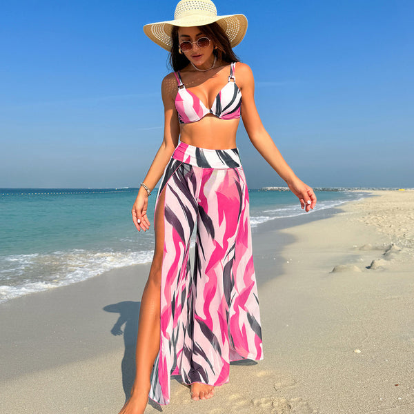 Unique Printed Bikini  Loose Trousers High Waist Three-Piece Set Pink