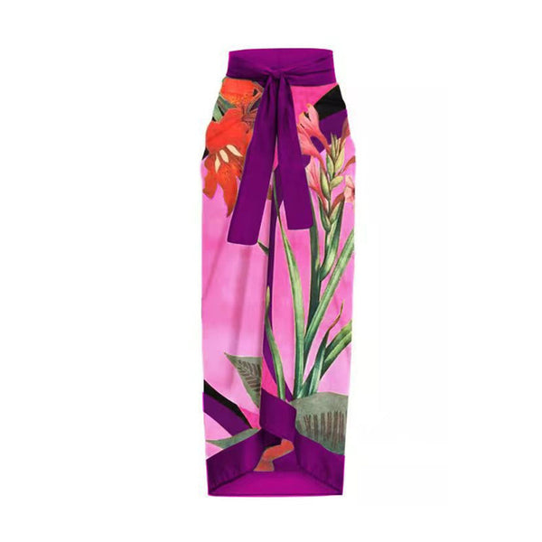 Printed Swimsuit & Beach Cover Up Sarong Set Dark Pink
