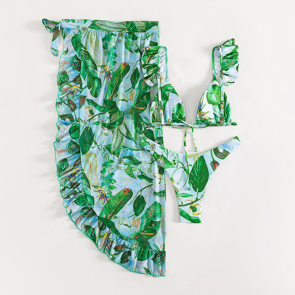 Floral Shoulder Strap Three Piece Swimsuit Green