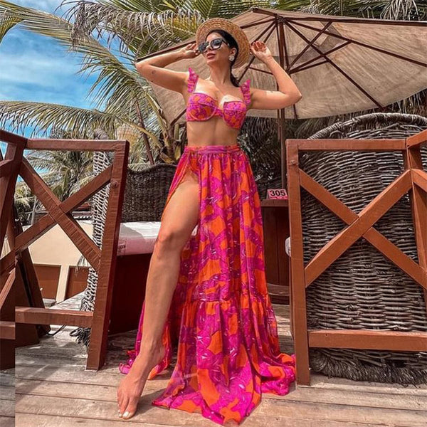 Shoulder Strap Multicolored Fuchsia Three Piece Swimsuit Dark Pink