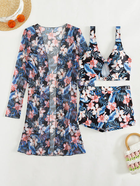 Tropical Floral Print Stretchy 3 Piece Set Bikini With Long Sleeve Kimono Black