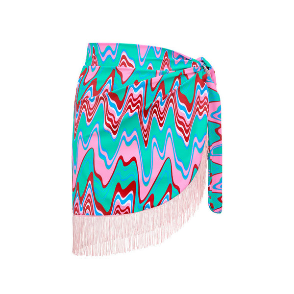 Wavy Print Halter Neck Three Piece Swimsuit Sky Blue