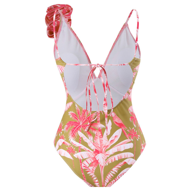 Tropical Print V-neck Flower Decor One Piece Swimsuit With Skirt Pink