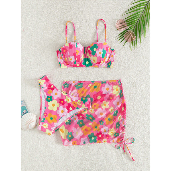 Flower Print Spaghetti Straps Three Piece Bikini Swimsuit Pink