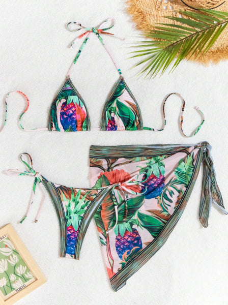 Tropical Print Halter Neck Three Piece Side Tie Bikini Green
