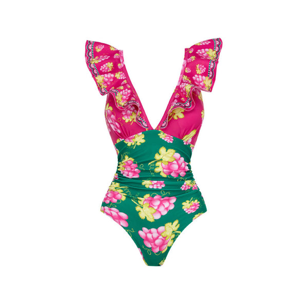 Ruffled Ruched Floral Print Shoulder Straps One Piece Swimsuit with Skirt Multicolor
