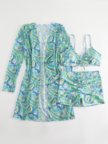 Plus 3pack Allover Print Drawstring Front Bikini Swimsuit Green