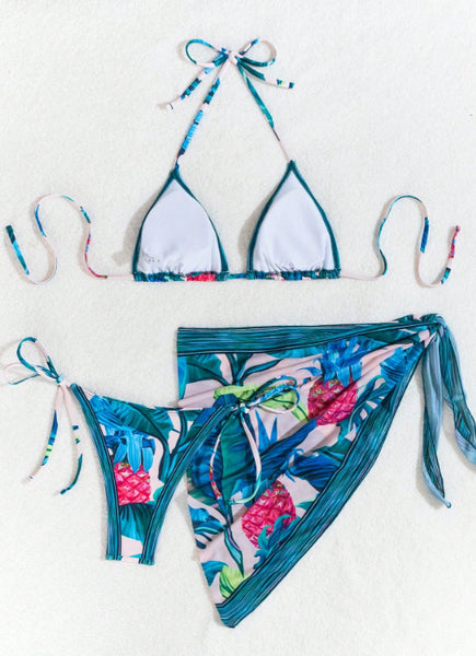 Tropical Print Halter Neck Three Piece Side Tie Bikini Blue