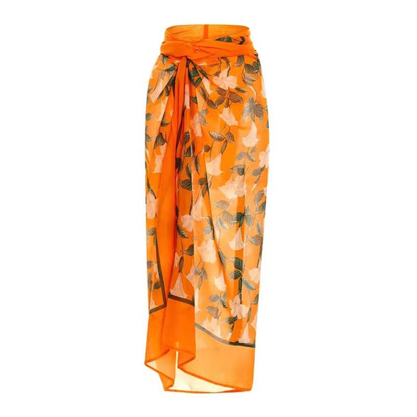 Flower Halter Ruffles One Piece With Bathing Suit Wrap Skirt Orange