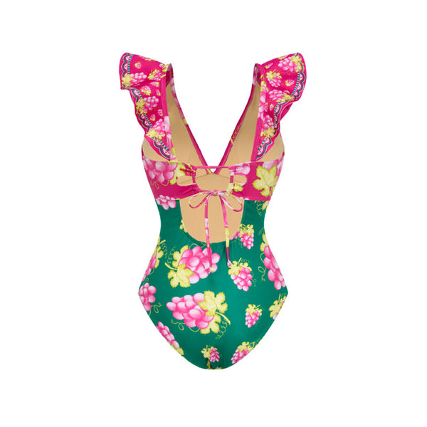 Ruffled Ruched Floral Print Shoulder Straps One Piece Swimsuit with Skirt Multicolor