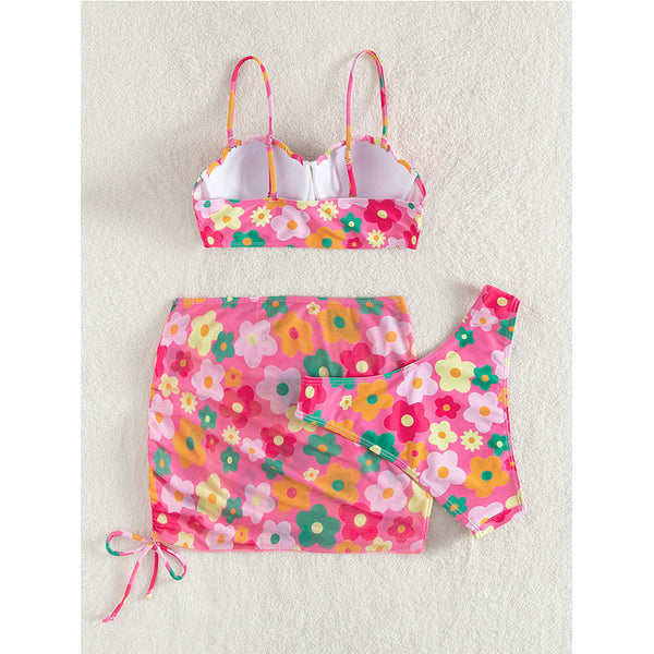 Flower Print Spaghetti Straps Three Piece Bikini Swimsuit Pink